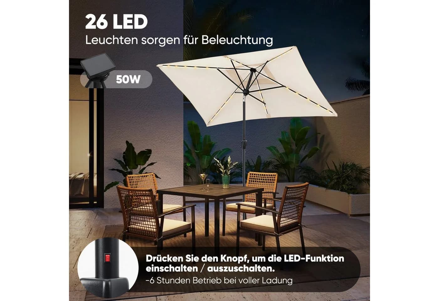 Sekey Aluminium Sonnenschirm Rechteckig Creme mit LED - Bild 4
