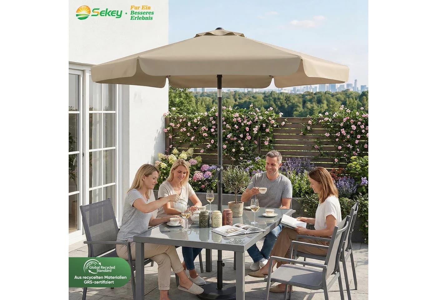 Sekey Sonnenschirm 200 cm Rund Knickbar mit Kurbel Taupe - Bild 4