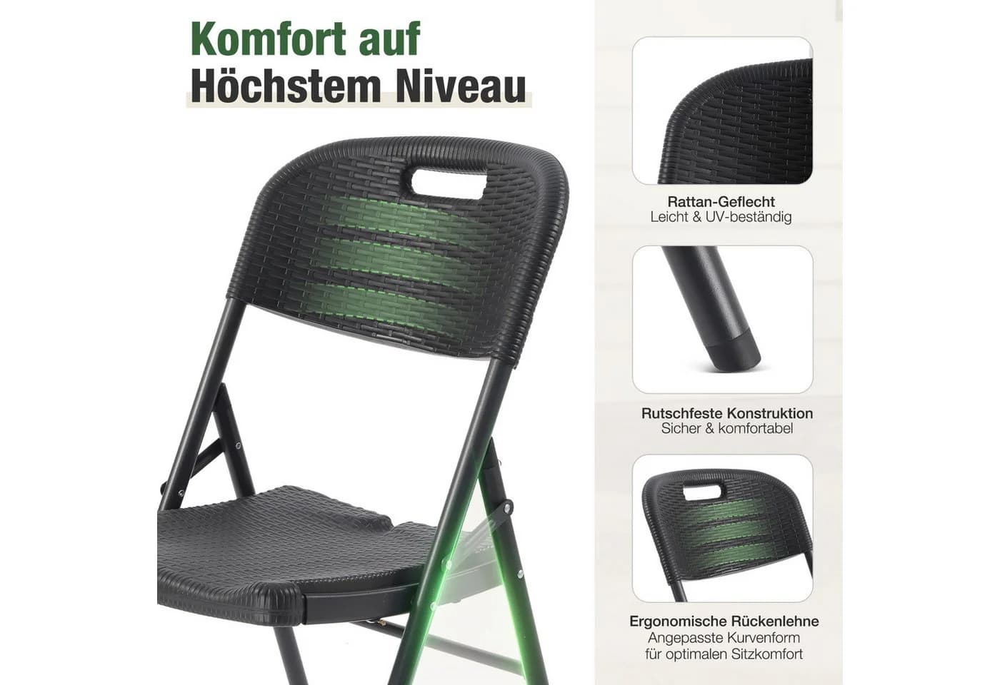 Sekey Klappstuhl Set 2x Schwarz Metall Rattanoptik - Bild 4