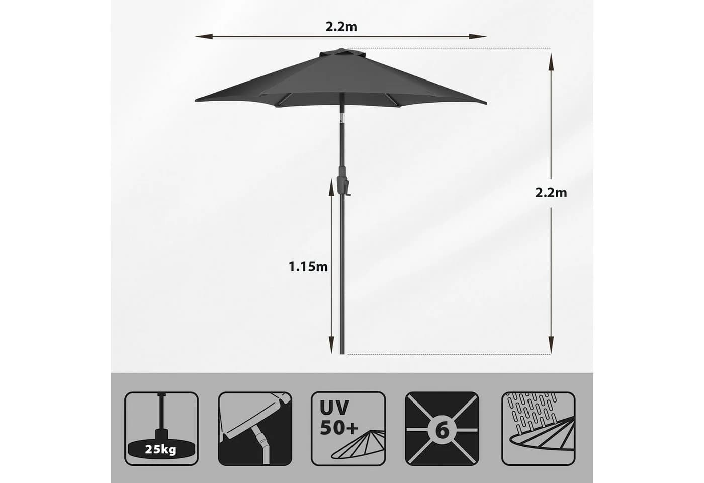 Sekey Sonnenschirm 220 cm Grau Kurbel Neigbar - Bild 3
