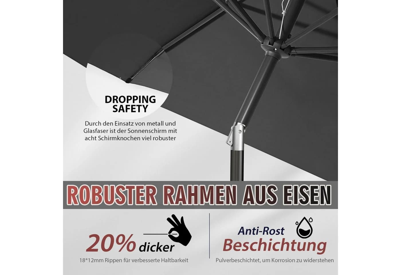 Sekey Sonnenschirm 220 cm Grau Kurbel Neigbar - Bild 5