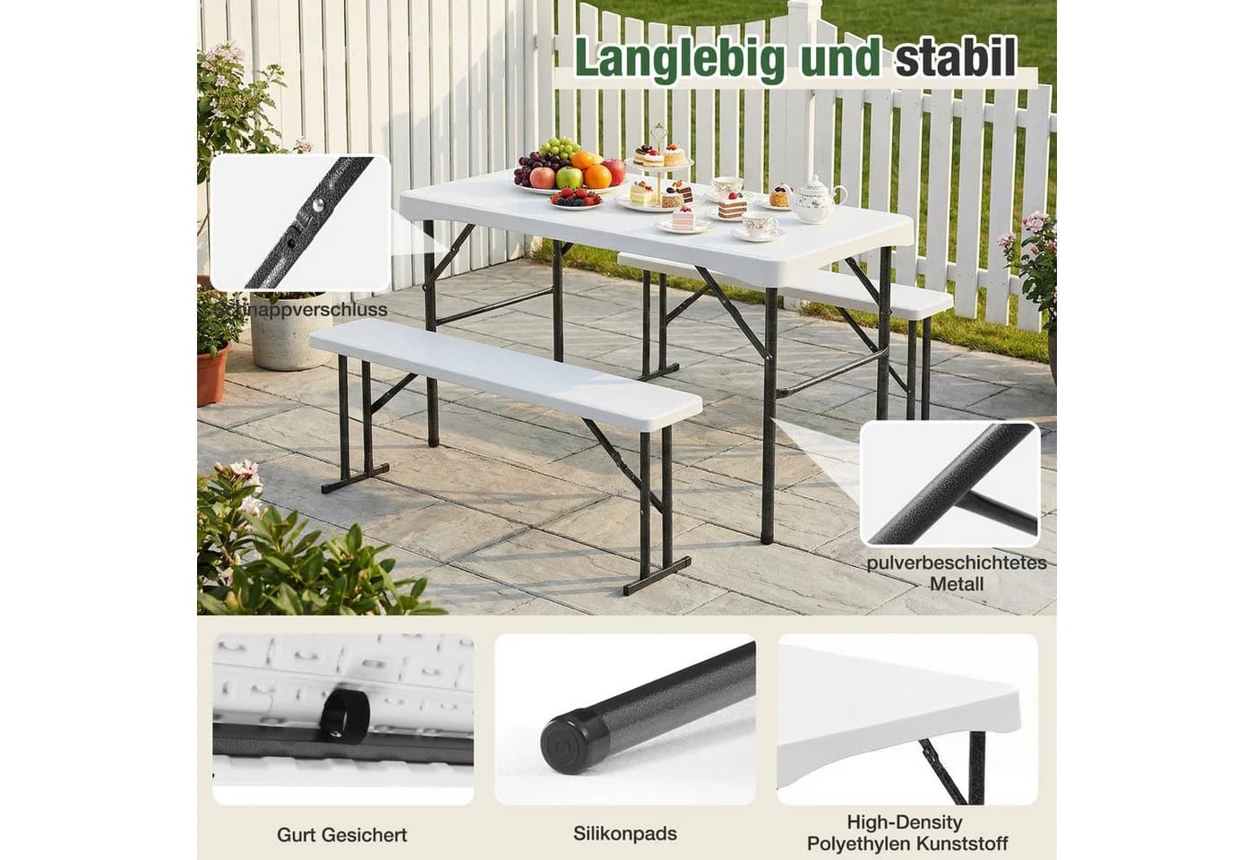 Sekey Garten-Essgruppe 3-teilig Bierzeltgarnitur klappbar Weiß - Bild 4