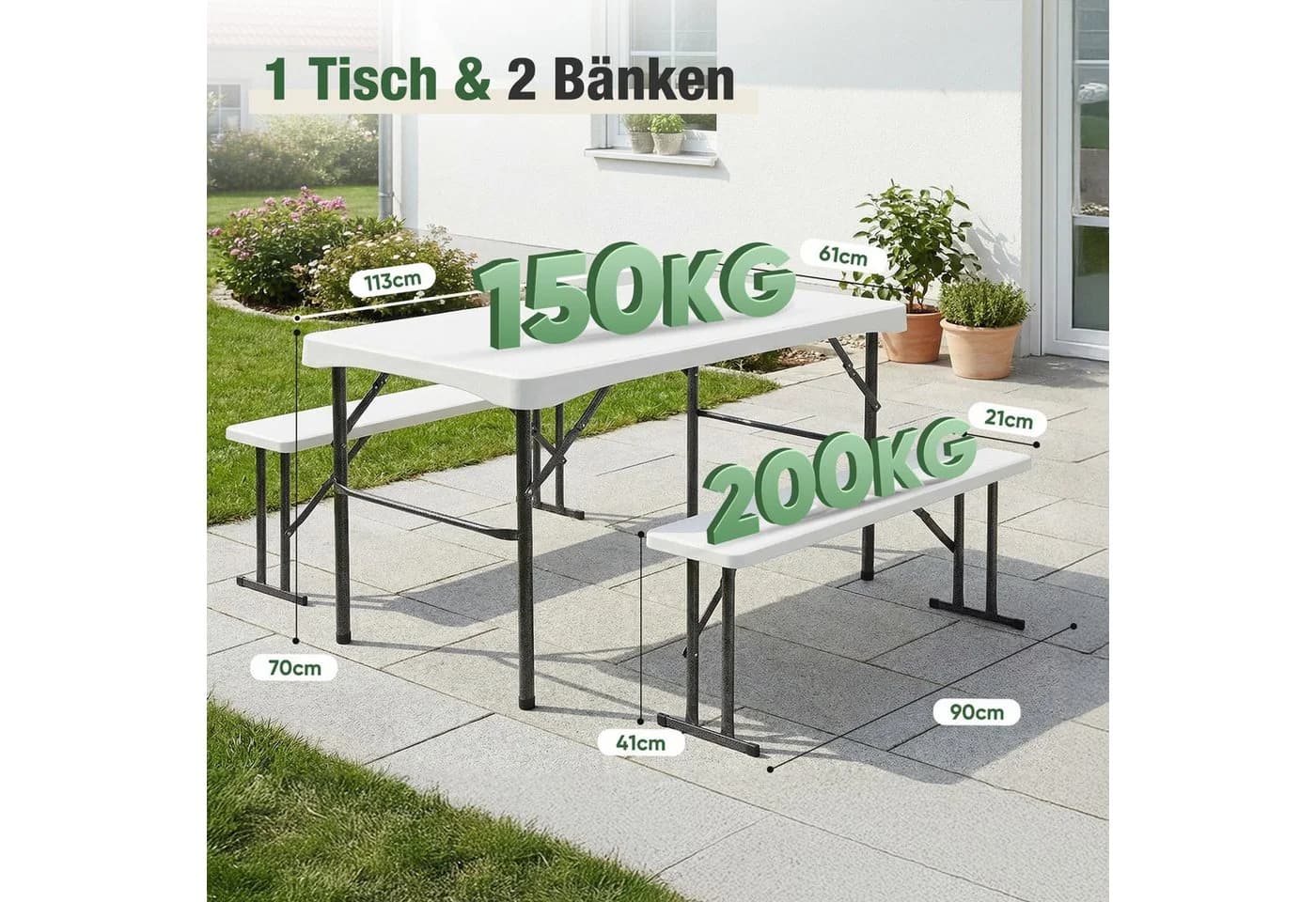 Sekey Garten-Essgruppe 3-teilig Bierzeltgarnitur klappbar Weiß - Bild 5