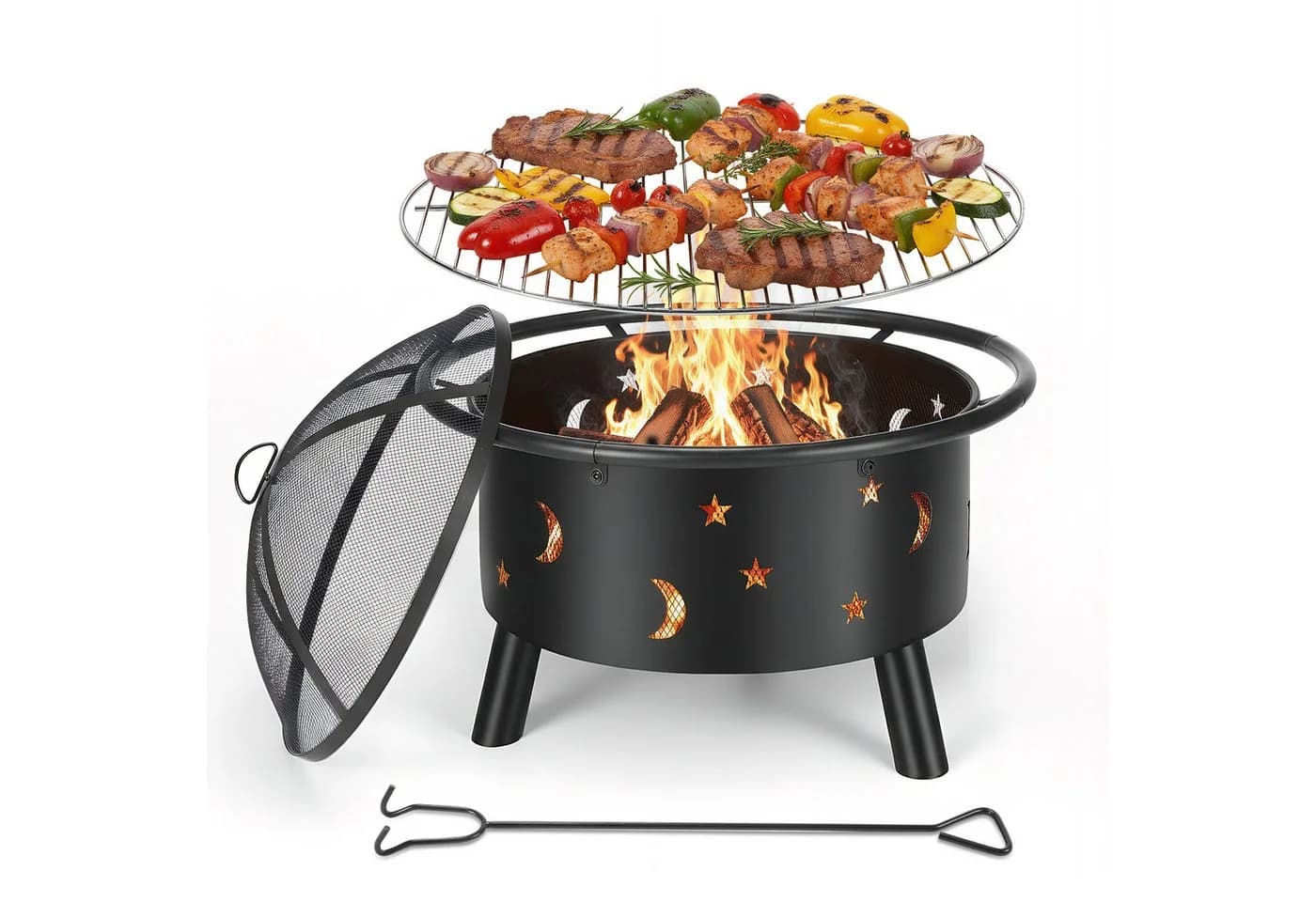 oyajia Feuerschale 73,5cm Stahl Grillrost Funkenschutz Schwarz - Bild 2