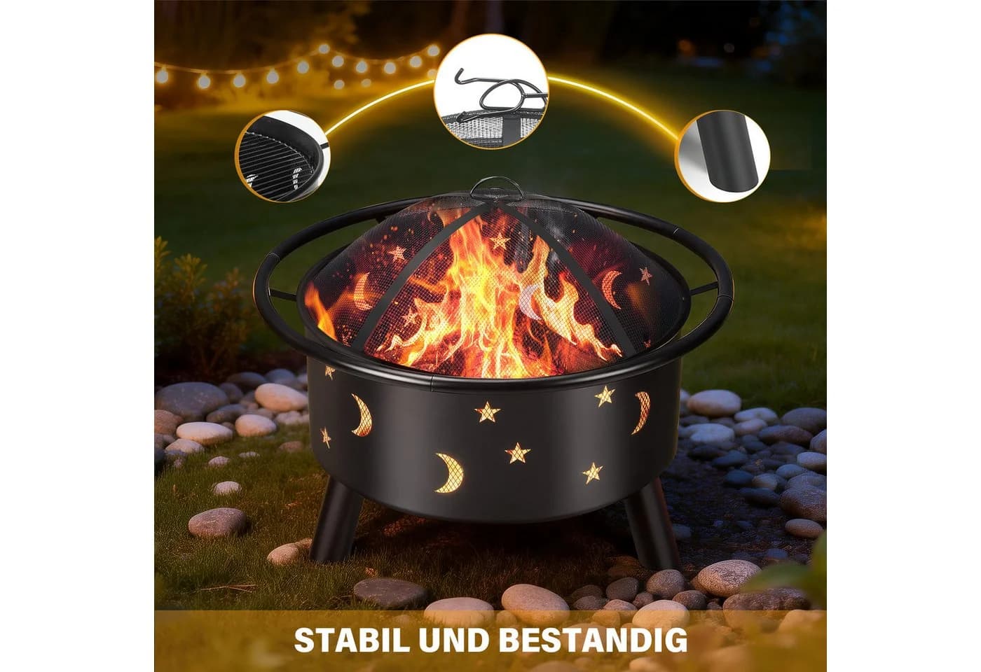 oyajia Feuerschale 73,5cm Stahl Grillrost Funkenschutz Schwarz - Bild 3