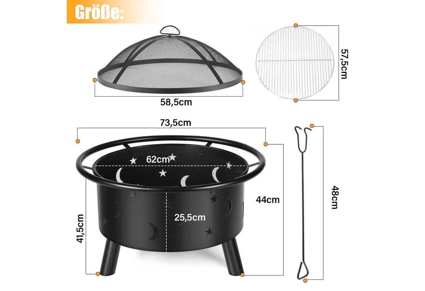 oyajia Feuerschale 73,5cm Stahl Grillrost Funkenschutz Schwarz - Bild 4