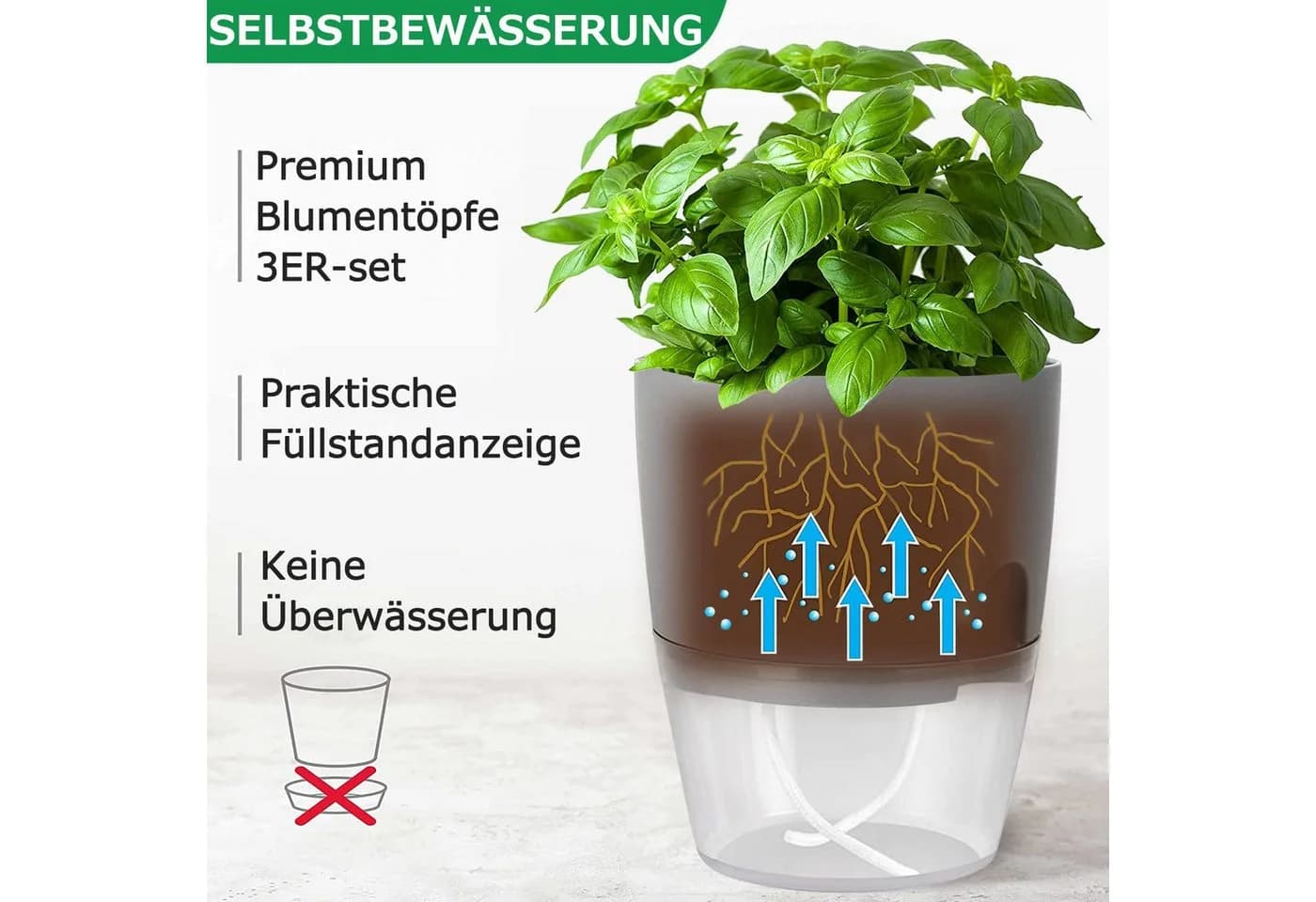 SURFOU Kräutertopf-Set 3er Selbstbewässerung Weiß/Grau - Bild 3