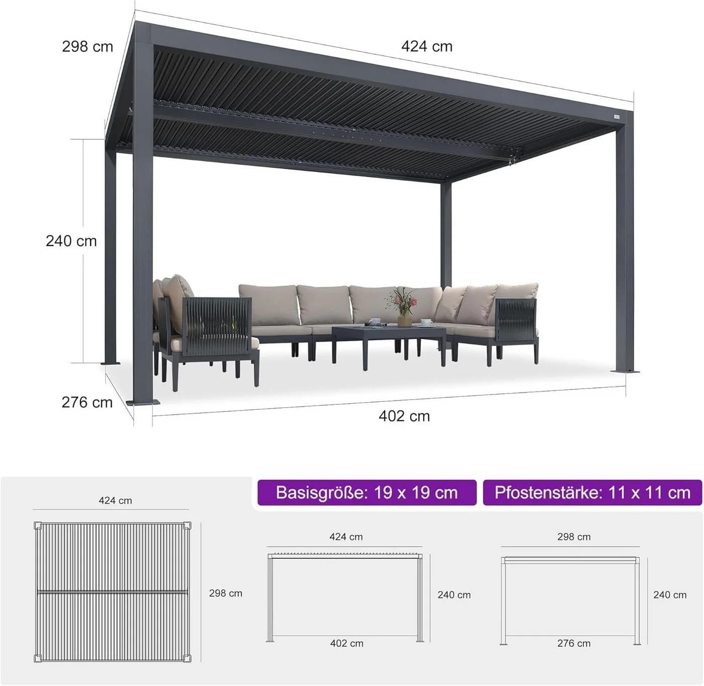 PURPLE LEAF Pergola Lamellendach Aluminium 300x424x240 cm