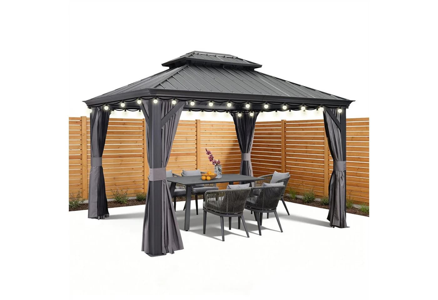 PURPLE LEAF Gartenpavillon Aluminium Hardtop mit LED-Lichtern und Seitenteilen Grau - Bild 2