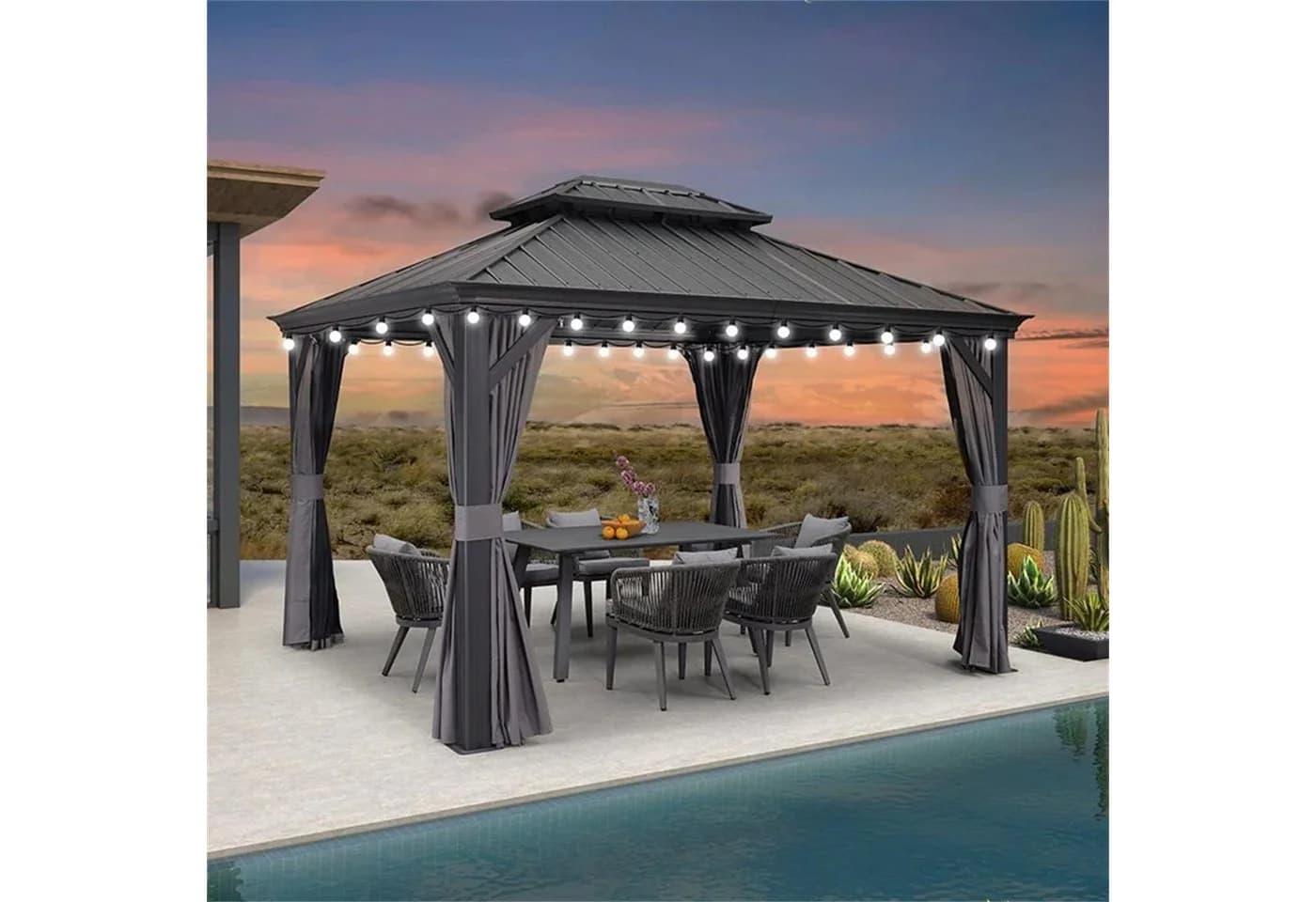 PURPLE LEAF Gartenpavillon Aluminium Hardtop mit LED-Lichtern und Seitenteilen Grau - Bild 3