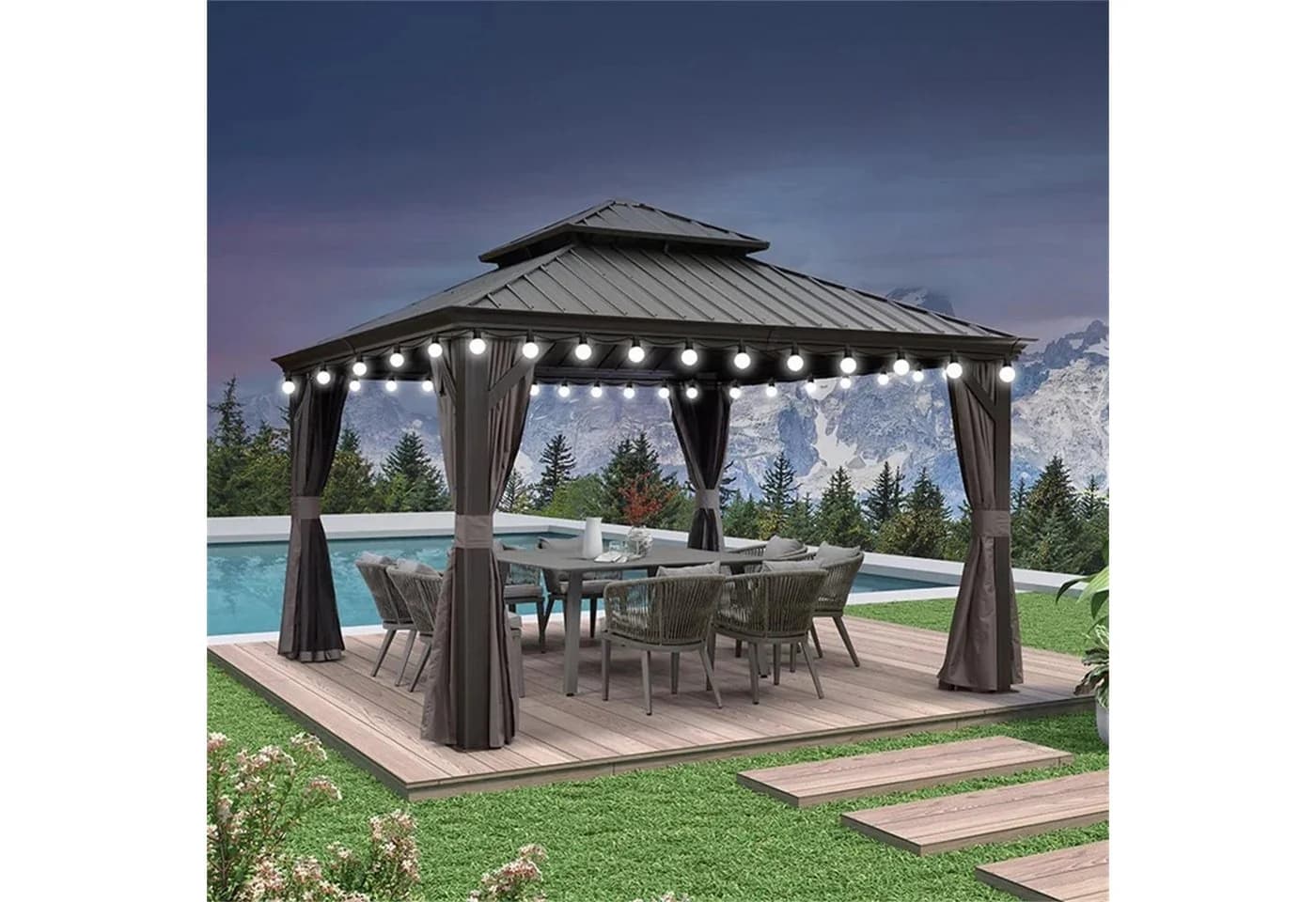 PURPLE LEAF Pavillon Hardtop Aluminium Grau mit LED-Lichtern