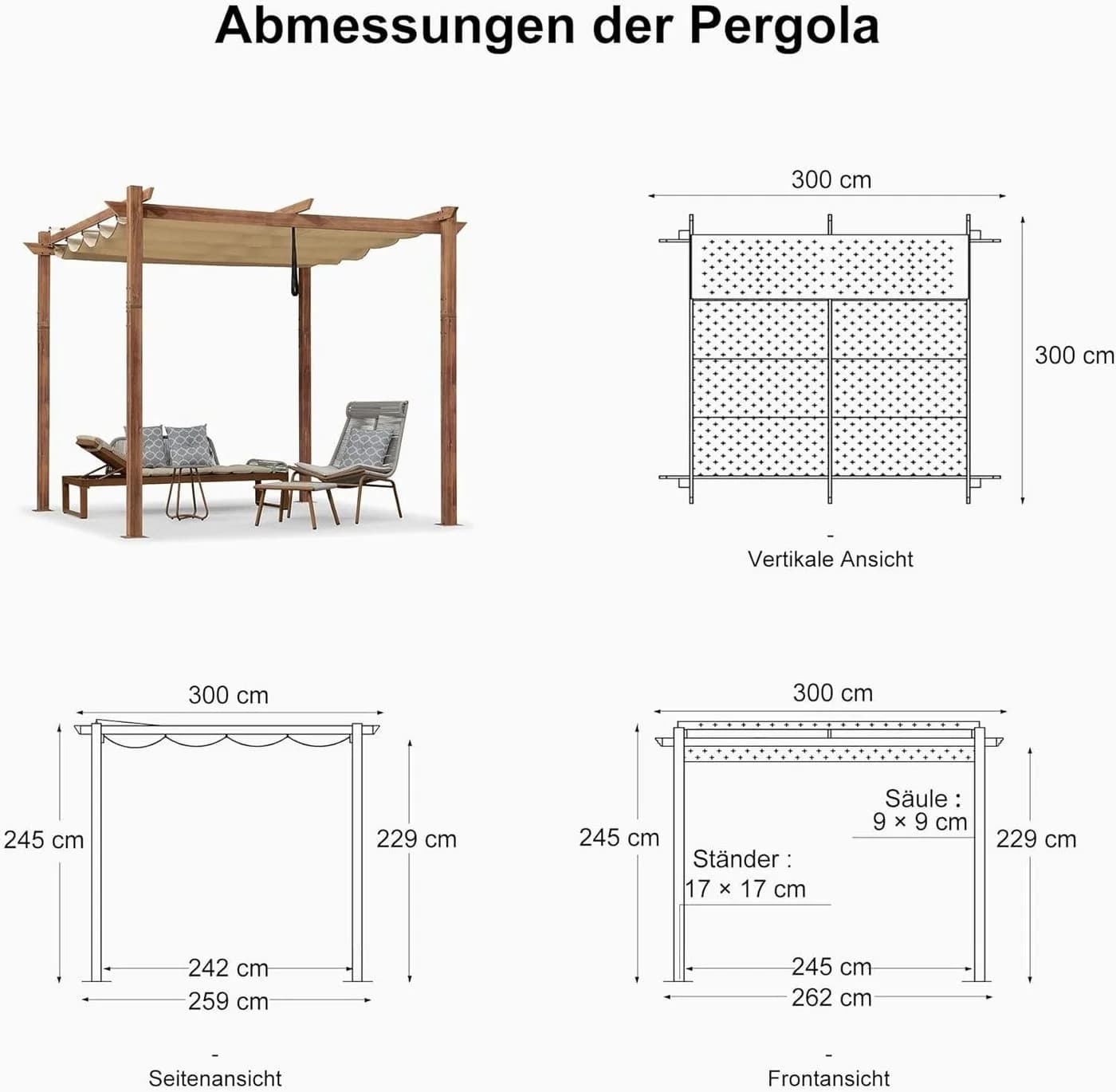 PURPLE LEAF Pergola Holzoptik mit einziehbarem Dach, Alu Terrassenüberdachung, Gartenpavillon - Bild 3