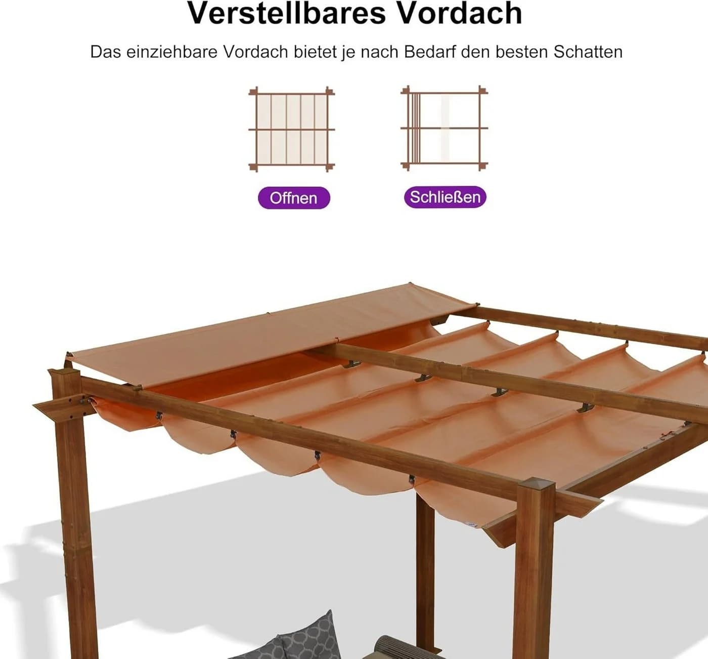 PURPLE LEAF Pergola Holzoptik mit einziehbarem Dach, Alu Terrassenüberdachung, Gartenpavillon - Bild 4