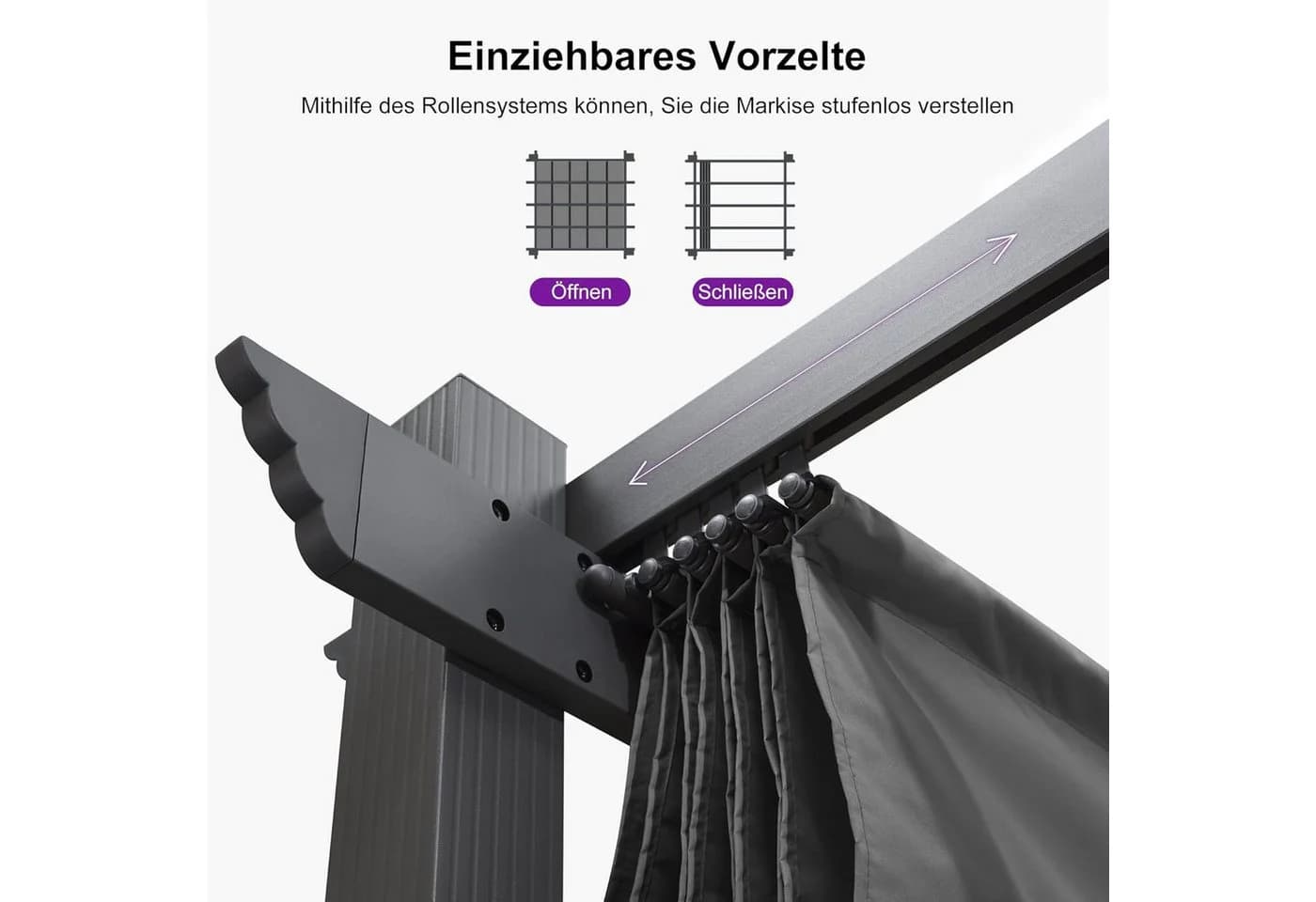 PURPLE LEAF Pergola Aluminium Pavillon mit Schiebedach, Wasserdichte Pergola mit verstellbarem Schatten und UV-Schutz - Bild 3