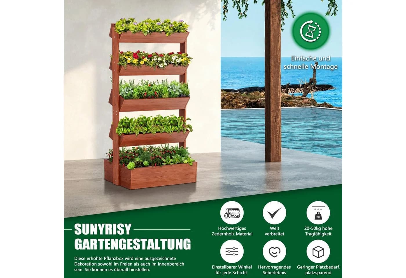 Meulbaty 5-Ebenen Hochbeet Blumenkasten aus Massivholz Braun - Bild 4