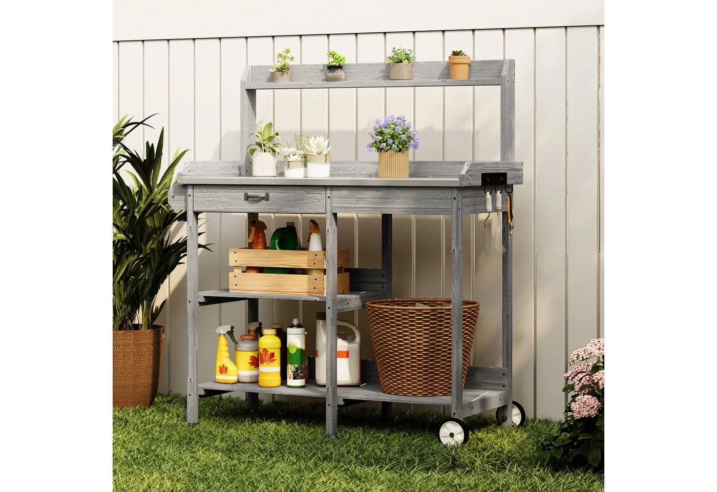 Bealife Garten-Geräteschrank Pflanztisch Grau mit Schubladen - Bild 2