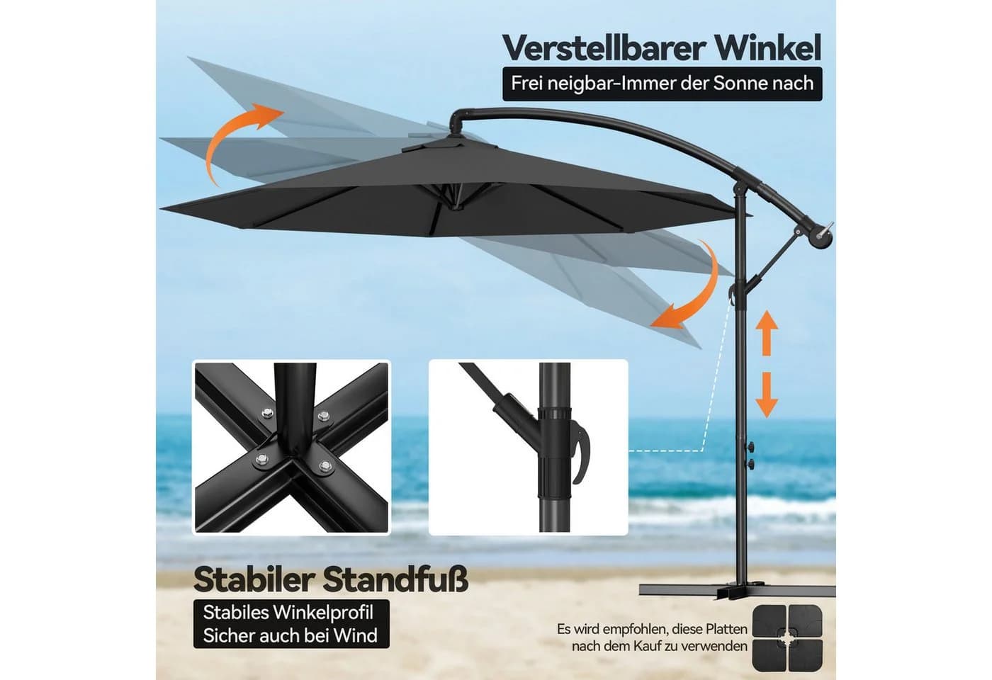 FIVMEN Sonnenschirm mit Kurbel Grau Aluminium - Bild 5