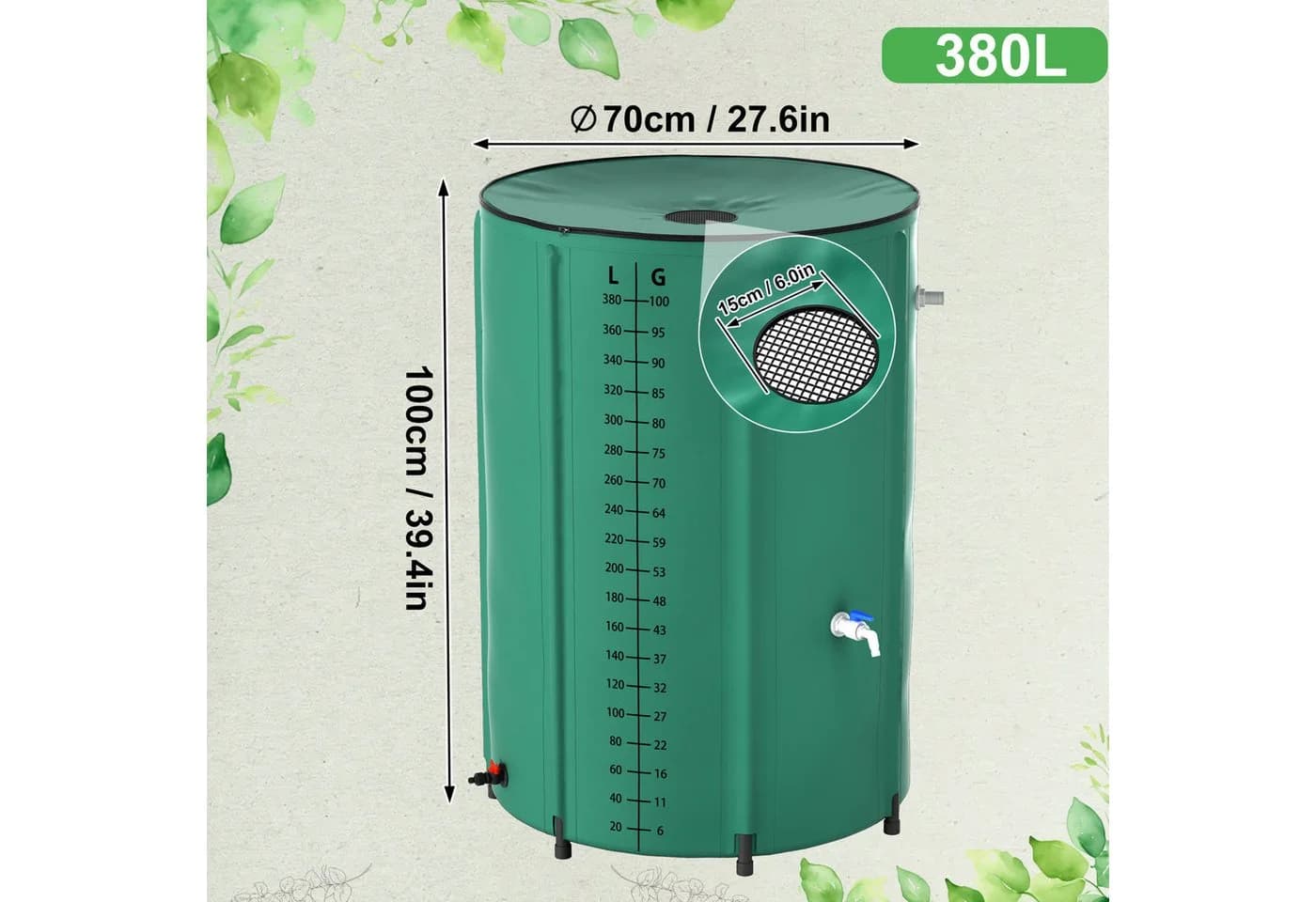 FIVMEN Regentonne Faltbar 380L mit Wasserhahn