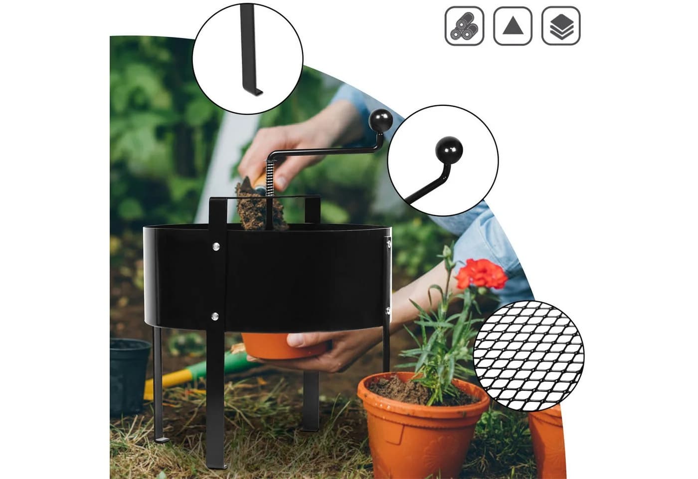 FIVMEN Gartensieb Handkurbelsieb Kompostsieb Metall 40 x 45cm Schwarz - Bild 5