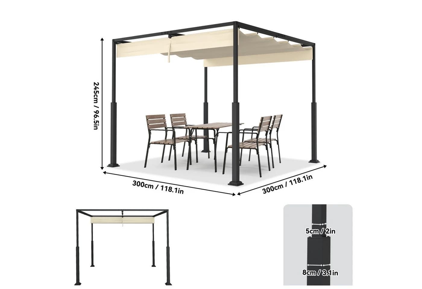 FIVMEN Pergola Gartenpavillon mit Schiebedach Beige Metall