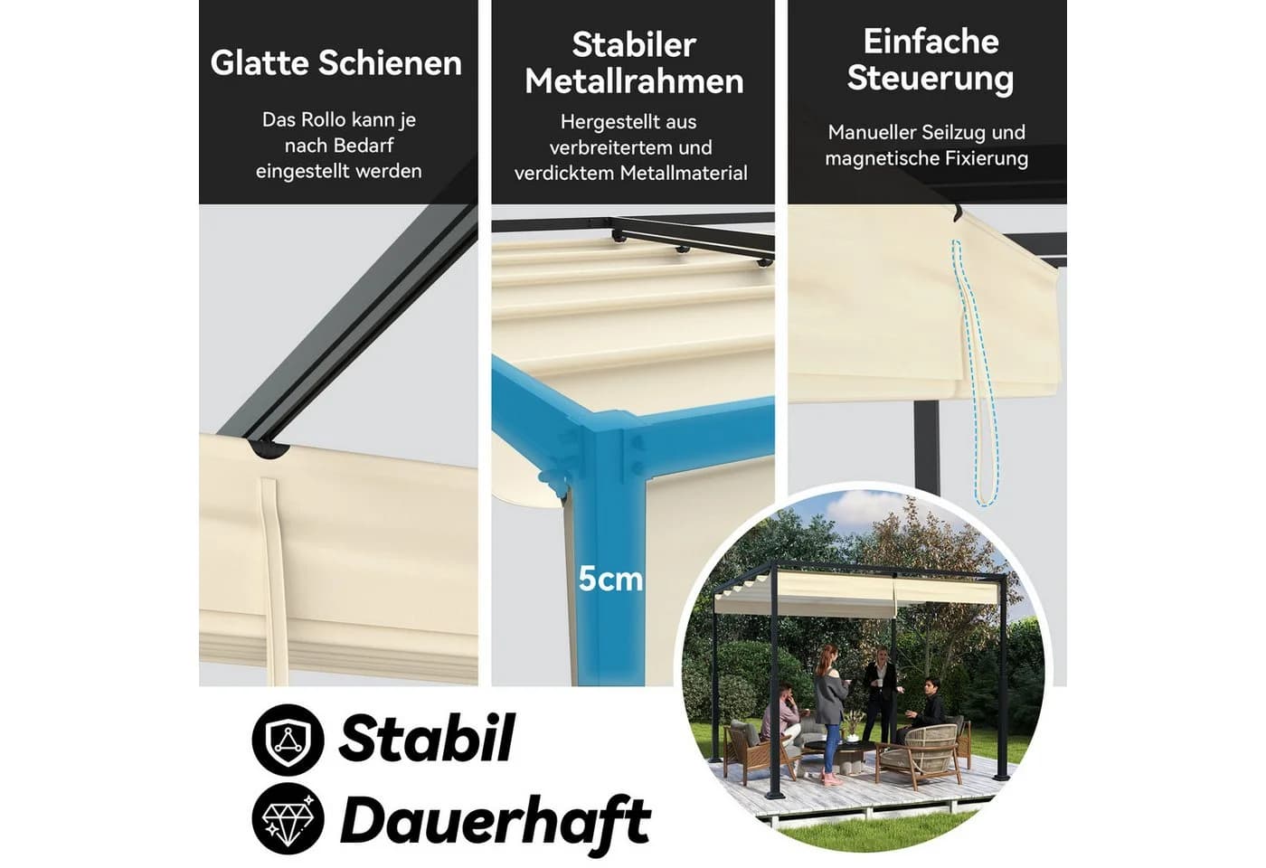 FIVMEN Pergola Gartenpavillon mit Schiebedach Beige Metall - Bild 3