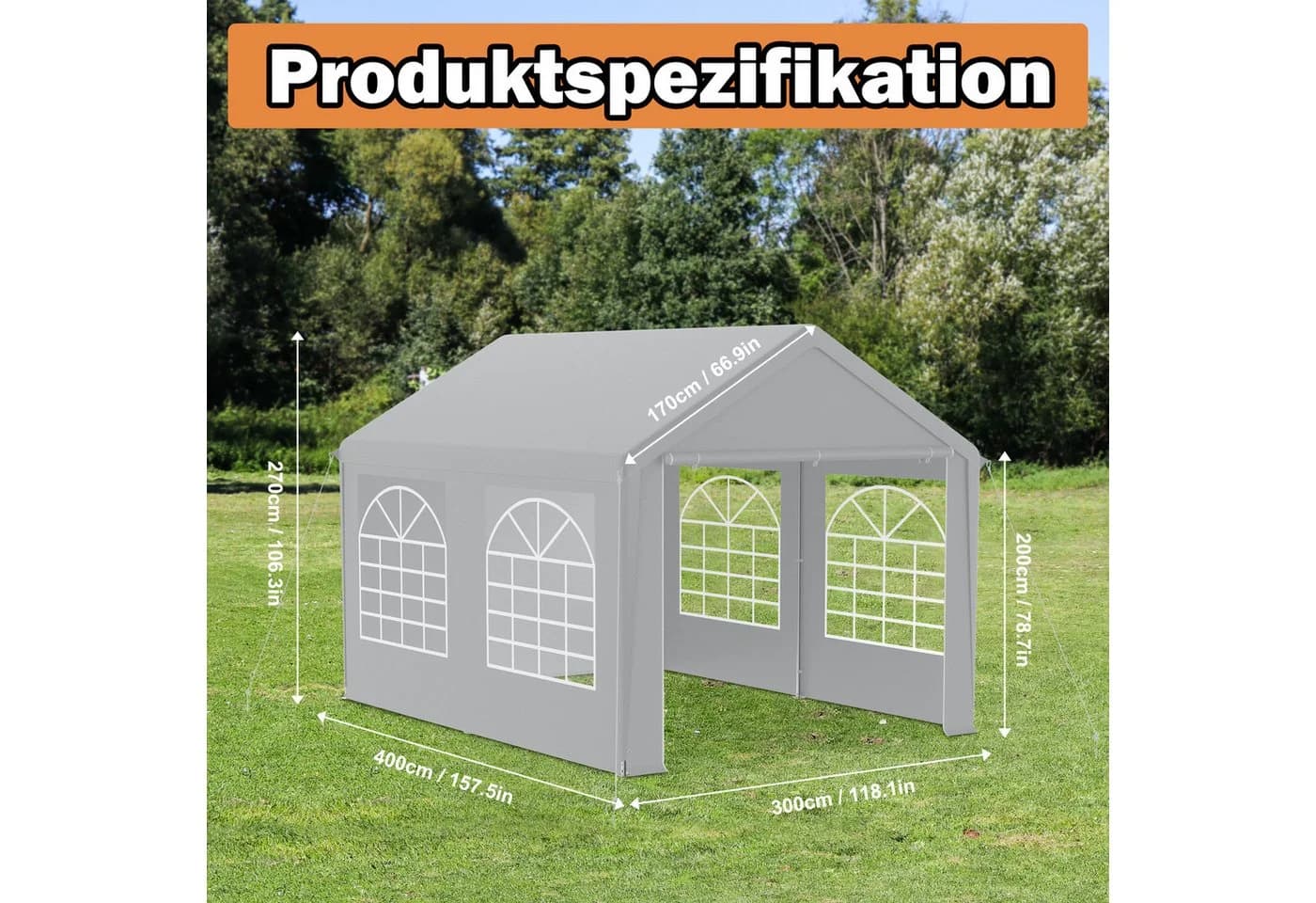 FIVMEN Partyzelt Garten Pavillon 4 abnehmbare Seitenteile Grau/Weiß
