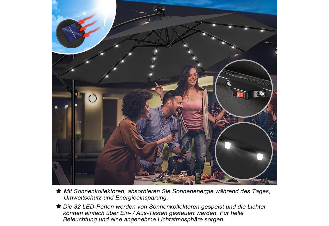 FIVMEN Sonnenschirm mit LED Solarbetriebene Dunkelgrau - Bild 4