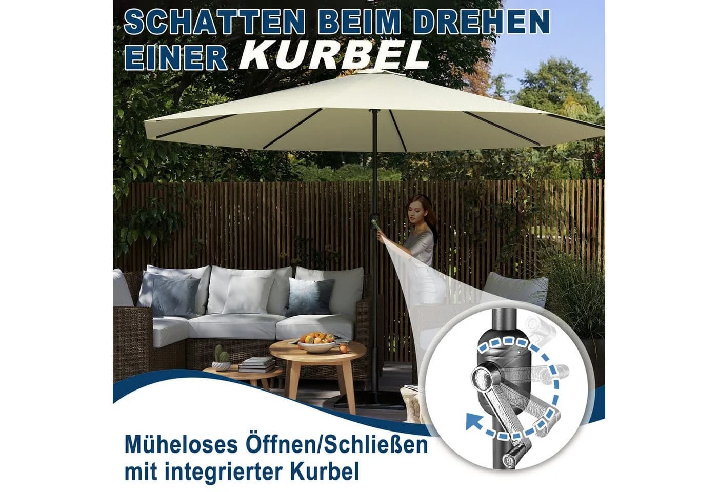 FIVMEN Sonnenschirm mit Kurbel 300cm UV Schutz Aluminium - Bild 3