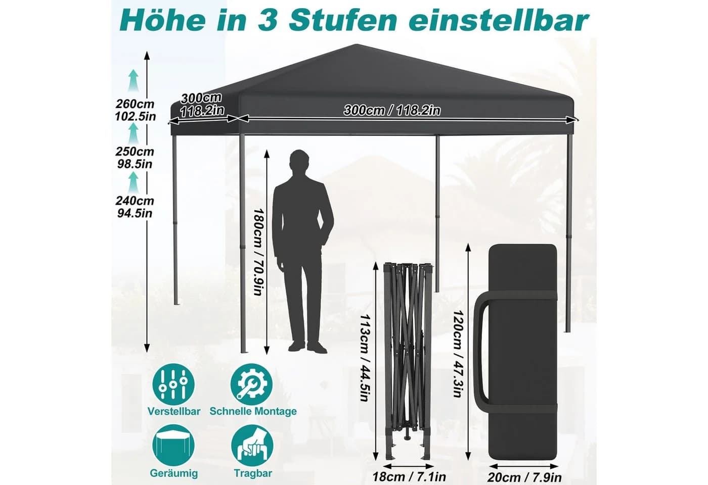 FIVMEN Partyzelt Pop Up 3x3m Anthrazit Stahlrahmen UV-Schutz
