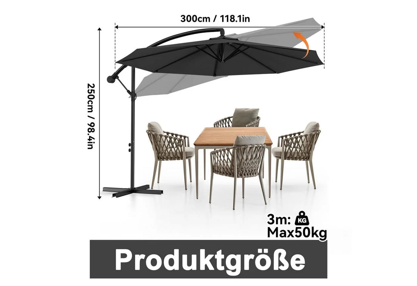 FIVMEN Sonnenschirm mit Kurbel Dunkelgrau
