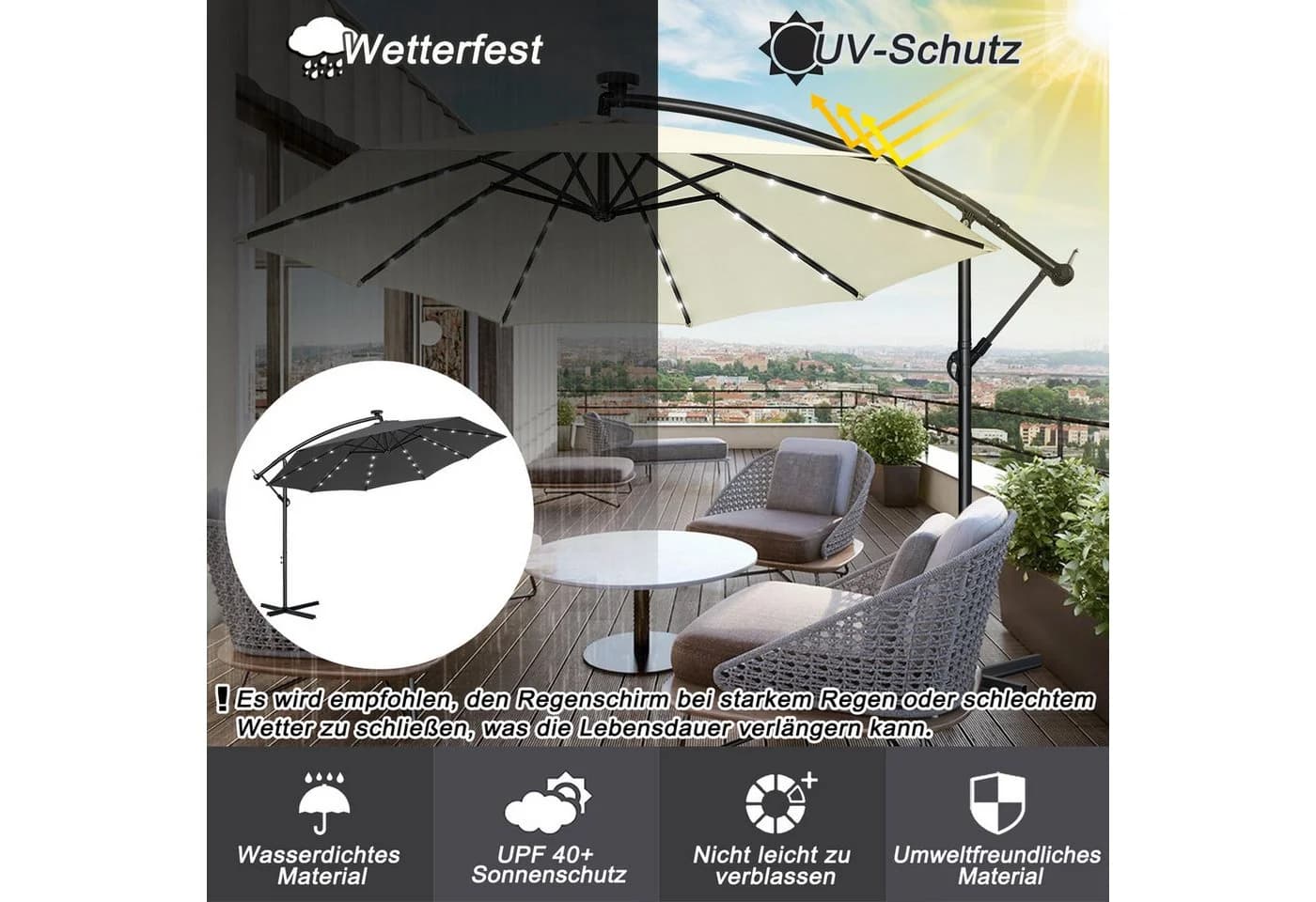 FIVMEN Sonnenschirm 300cm Balkon UV-Schutz Solar LED - Bild 3