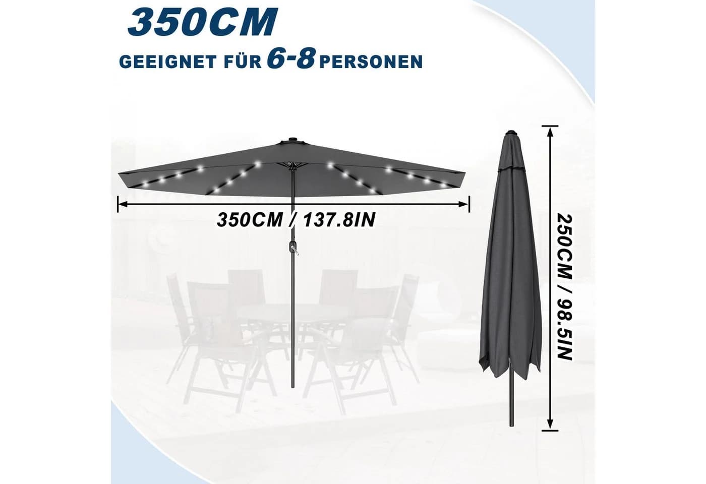 FIVMEN Sonnenschirm 300cm Solarbetriebene mit LED Kurbel Marktschirm UV-Schutz