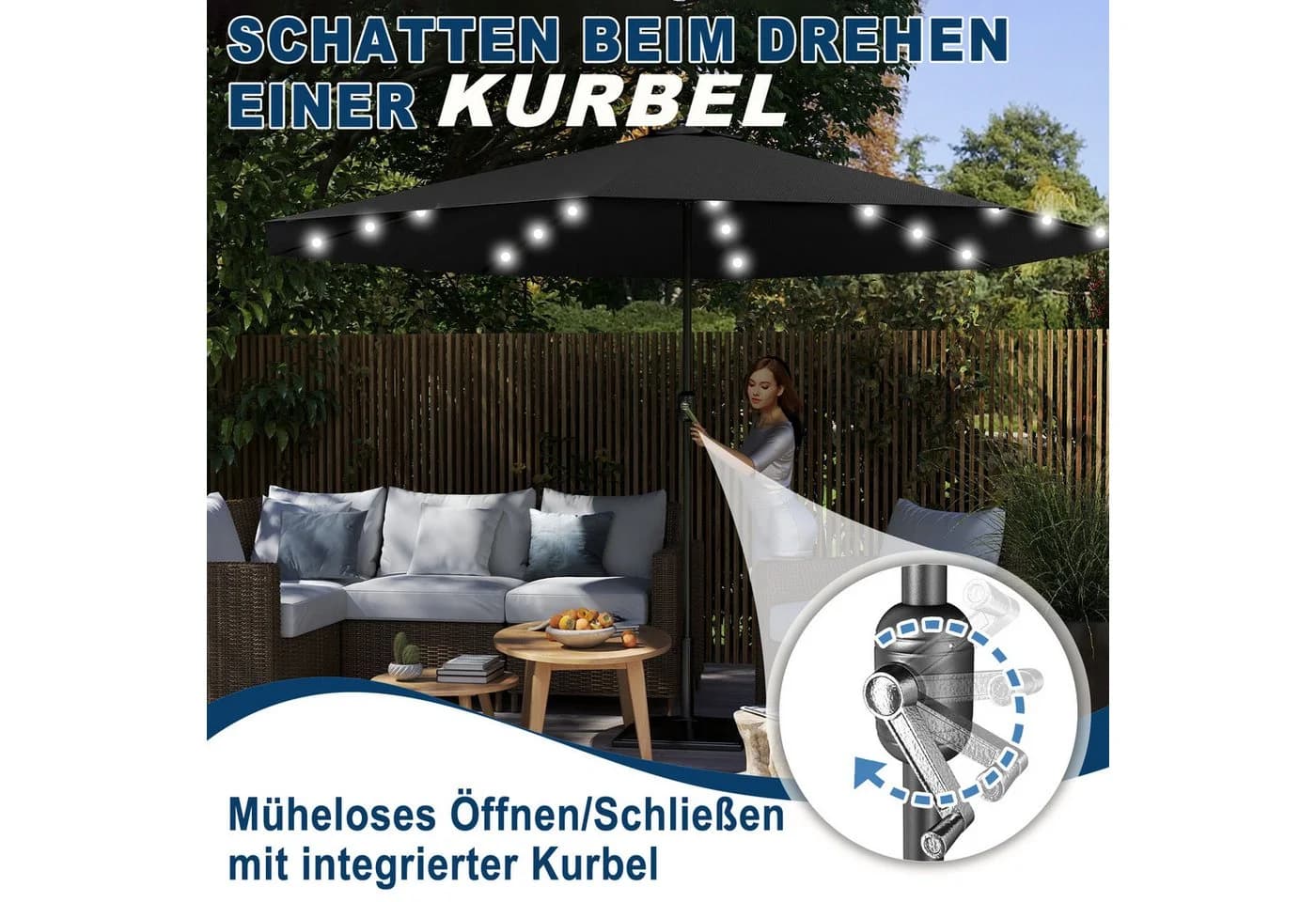 FIVMEN Sonnenschirm 300cm Solarbetriebene mit LED Kurbel Marktschirm UV-Schutz - Bild 3