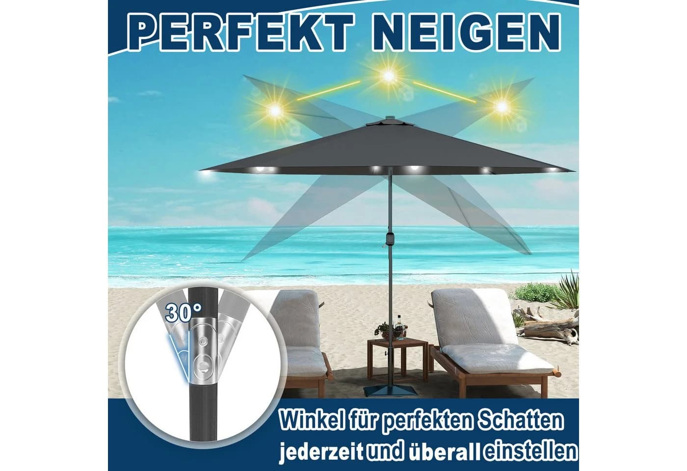FIVMEN Sonnenschirm 300cm Solarbetriebene mit LED Kurbel Marktschirm UV-Schutz - Bild 4