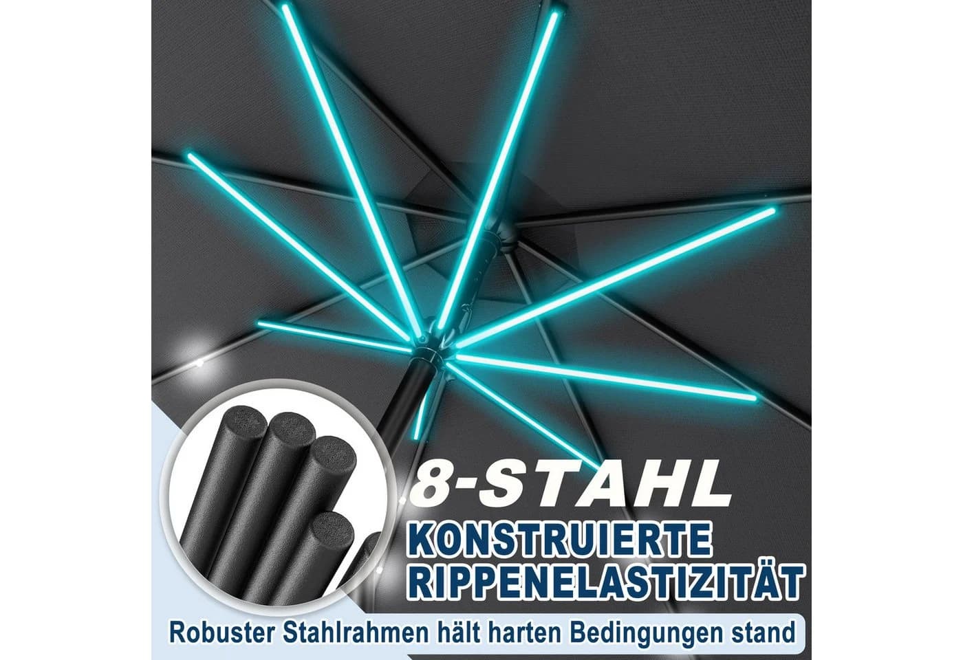FIVMEN Sonnenschirm 300cm Solarbetriebene mit LED Kurbel Marktschirm UV-Schutz - Bild 5