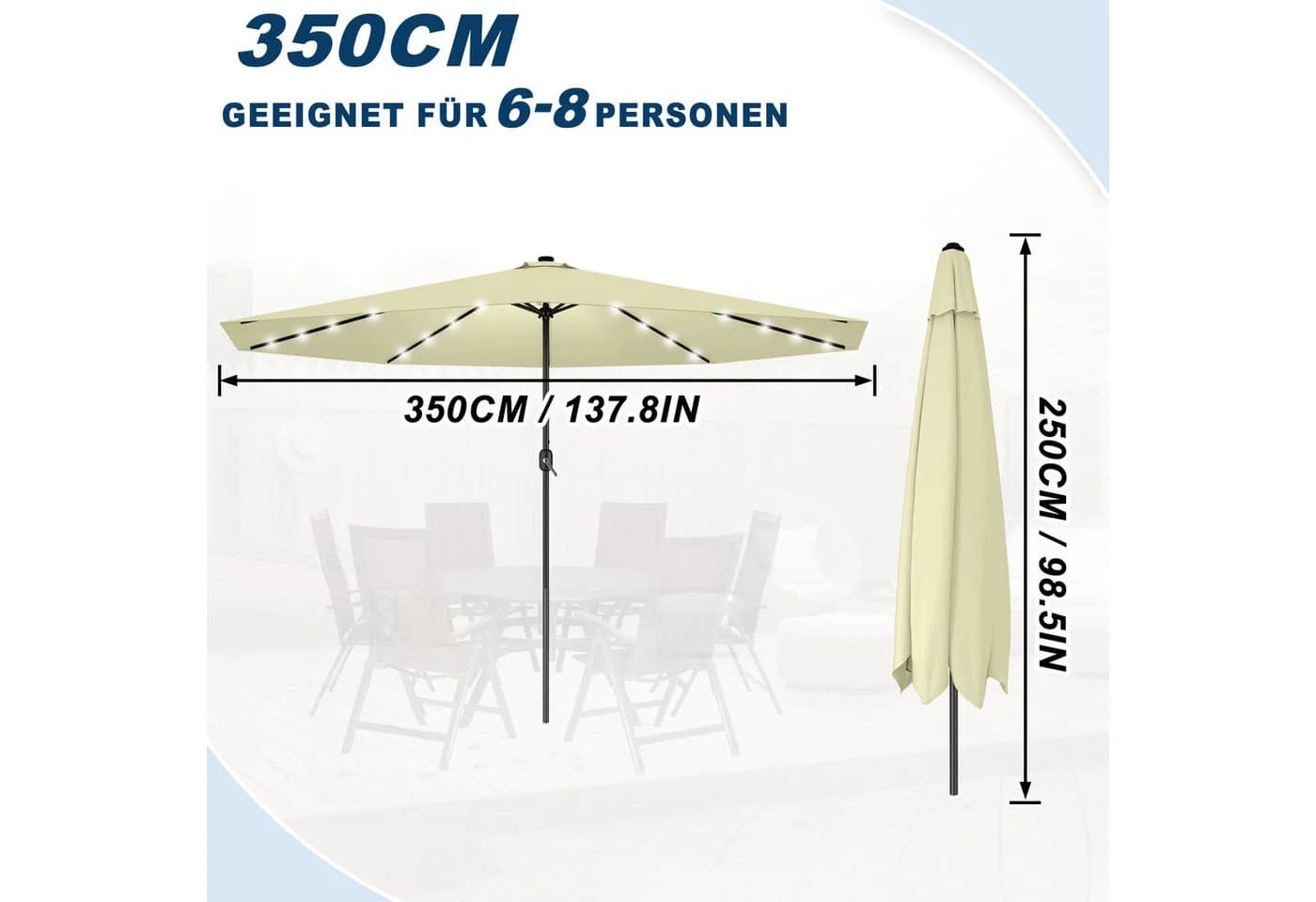 FIVMEN Sonnenschirm Ø350cm Beige mit Solar-LED und Kurbel