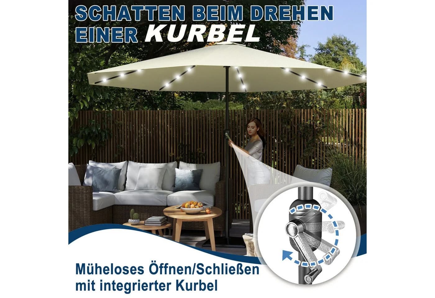FIVMEN Sonnenschirm Ø350cm Beige mit Solar-LED und Kurbel - Bild 3