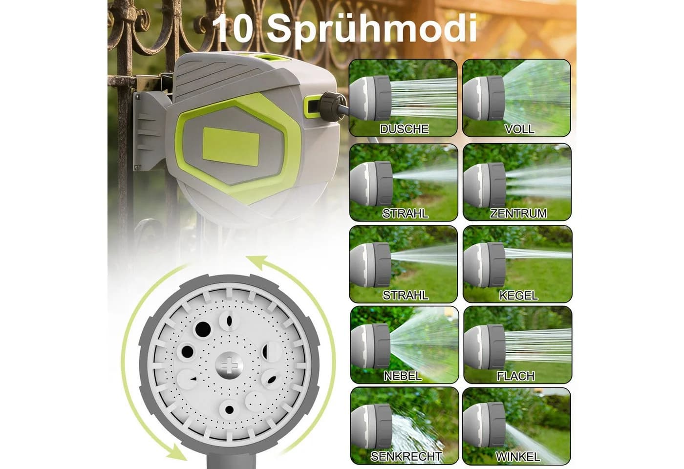 FIVMEN Schlauchtrommel 30m Grau mit Automatik-Aufrollung & 10 Sprühmodi - Bild 5