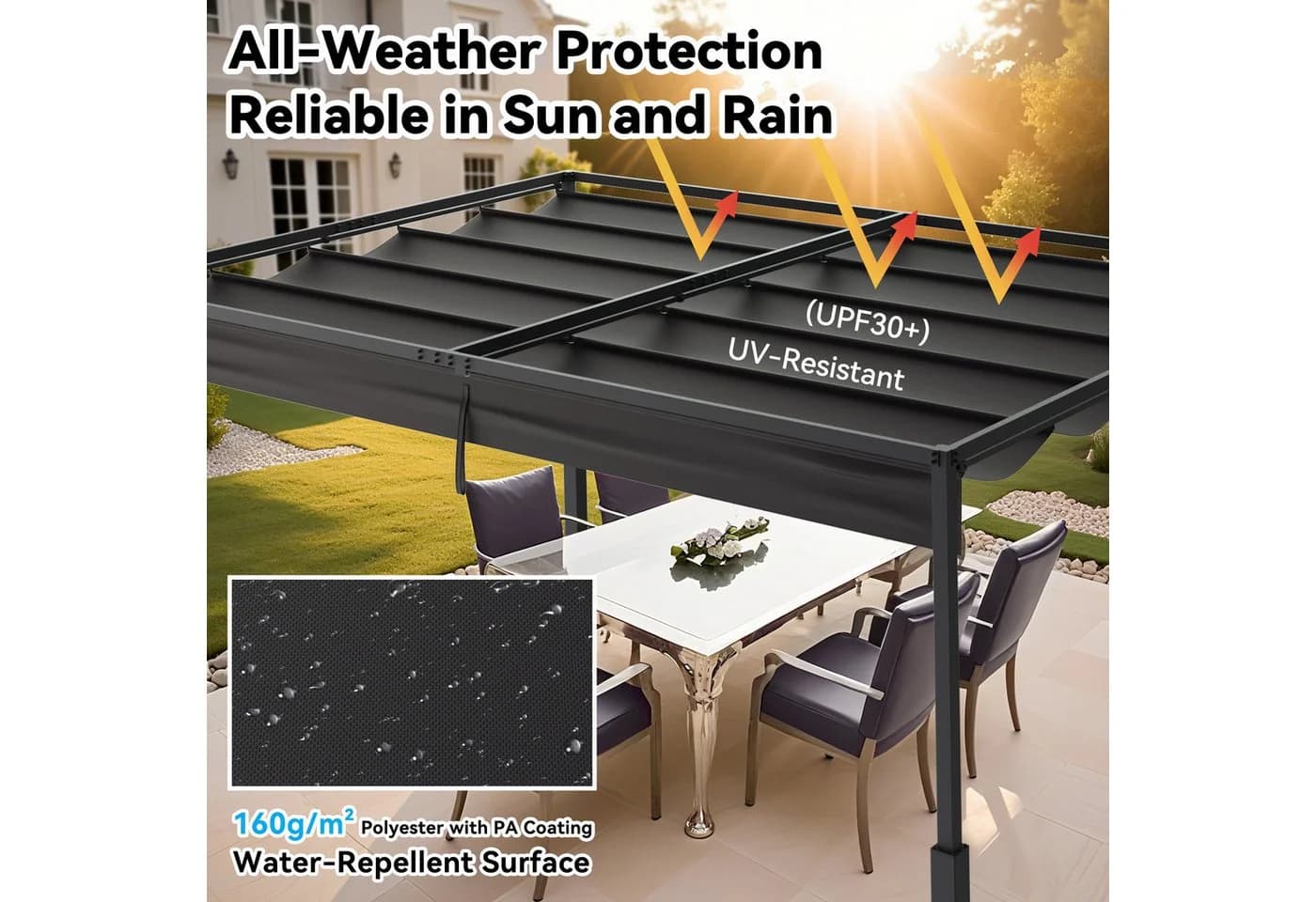 FIVMEN Gartenpavillon 3x3m Schiebedach Schwarz Stahl