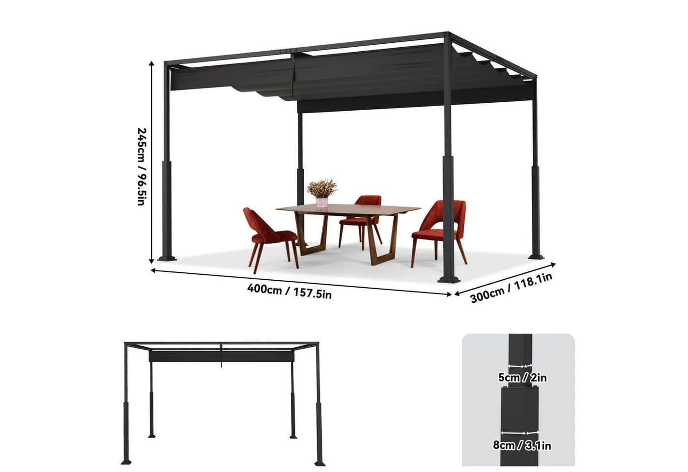 FIVMEN Gartenpavillon 3x3m Schiebedach Schwarz Stahl - Bild 5
