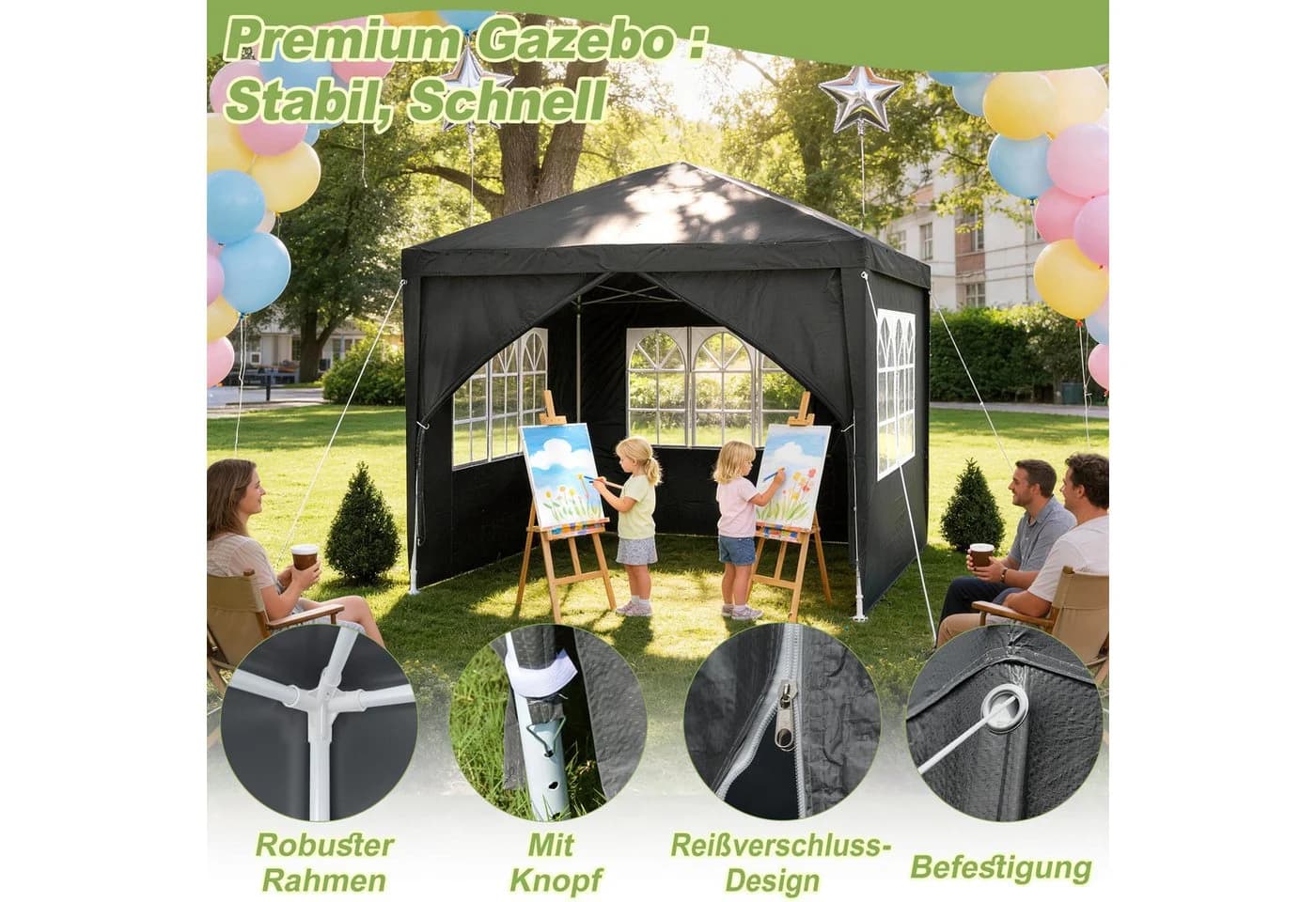 FIVMEN Gartenpavillon Partyzelt Schwarz mit PVC-Fenstern - Bild 3