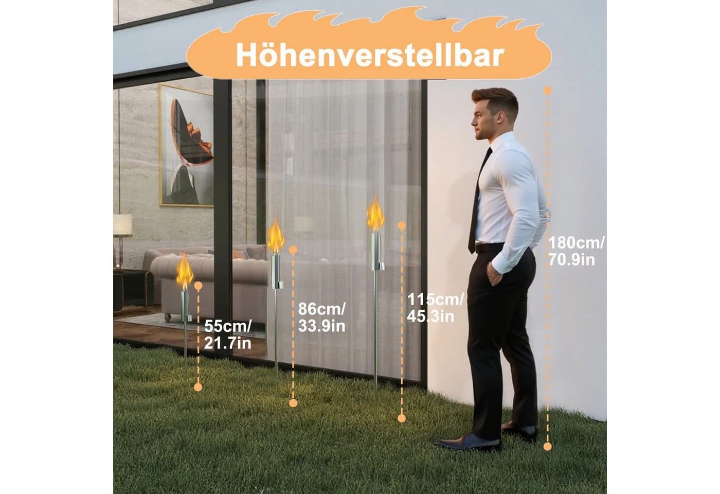 FIVMEN 6x Edelstahl Gartenfackel Silber mit Docht