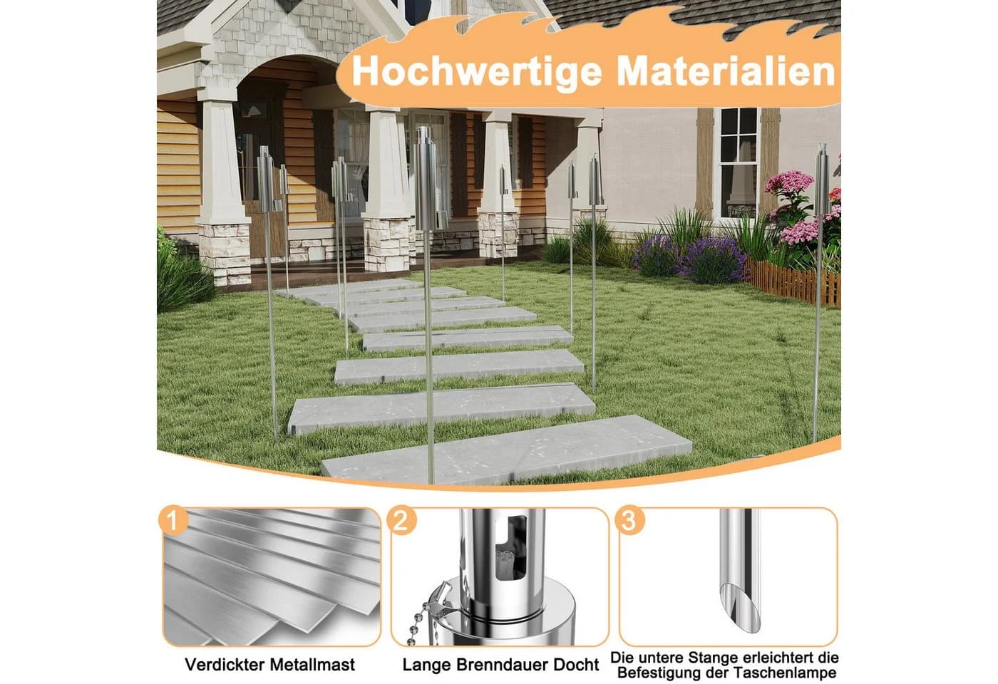 FIVMEN 6x Edelstahl Gartenfackel Silber mit Docht - Bild 3