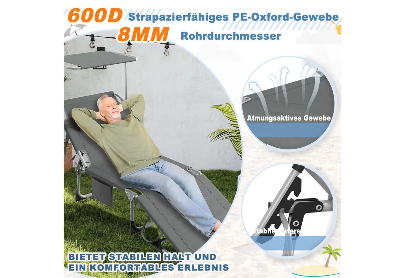 FIVMEN Gartenliege Sonnenliege Klappbar Anthrazit - Bild 3