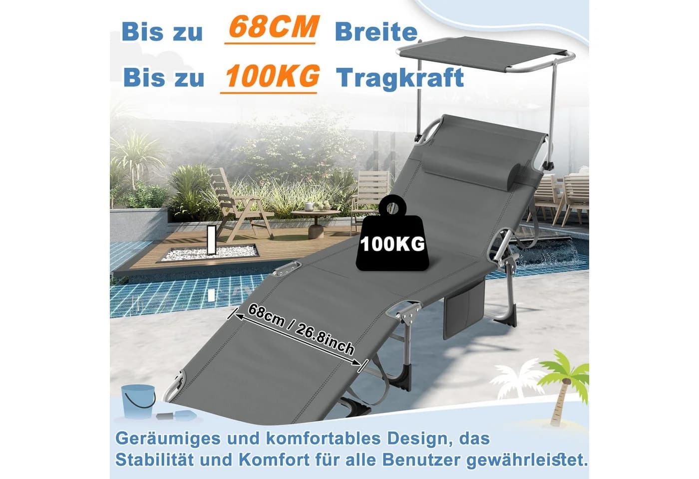 FIVMEN Gartenliege Sonnenliege Klappbar Anthrazit - Bild 5