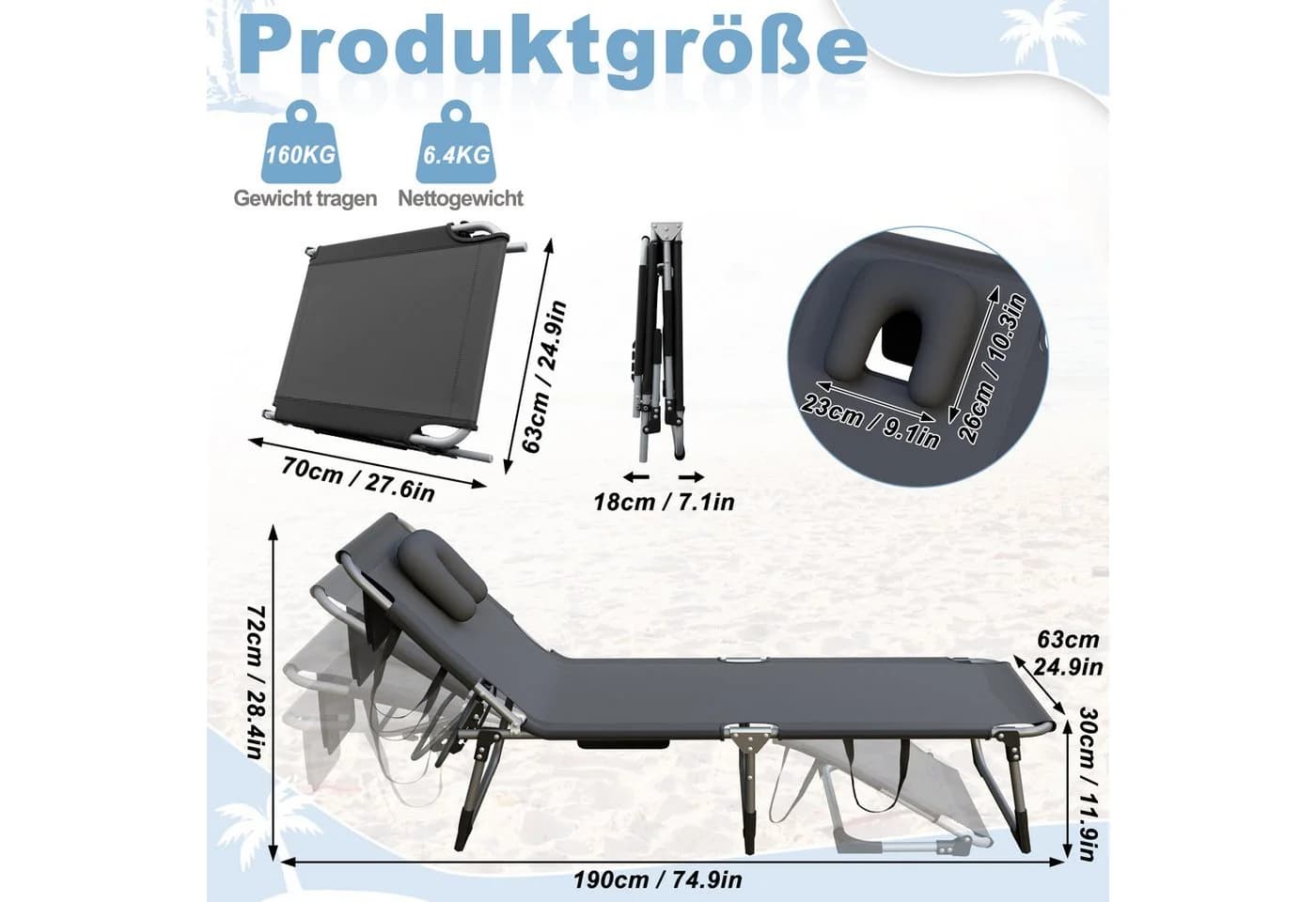 FIVMEN Gartenliege Klappbar mit Kissen Grau - Bild 2