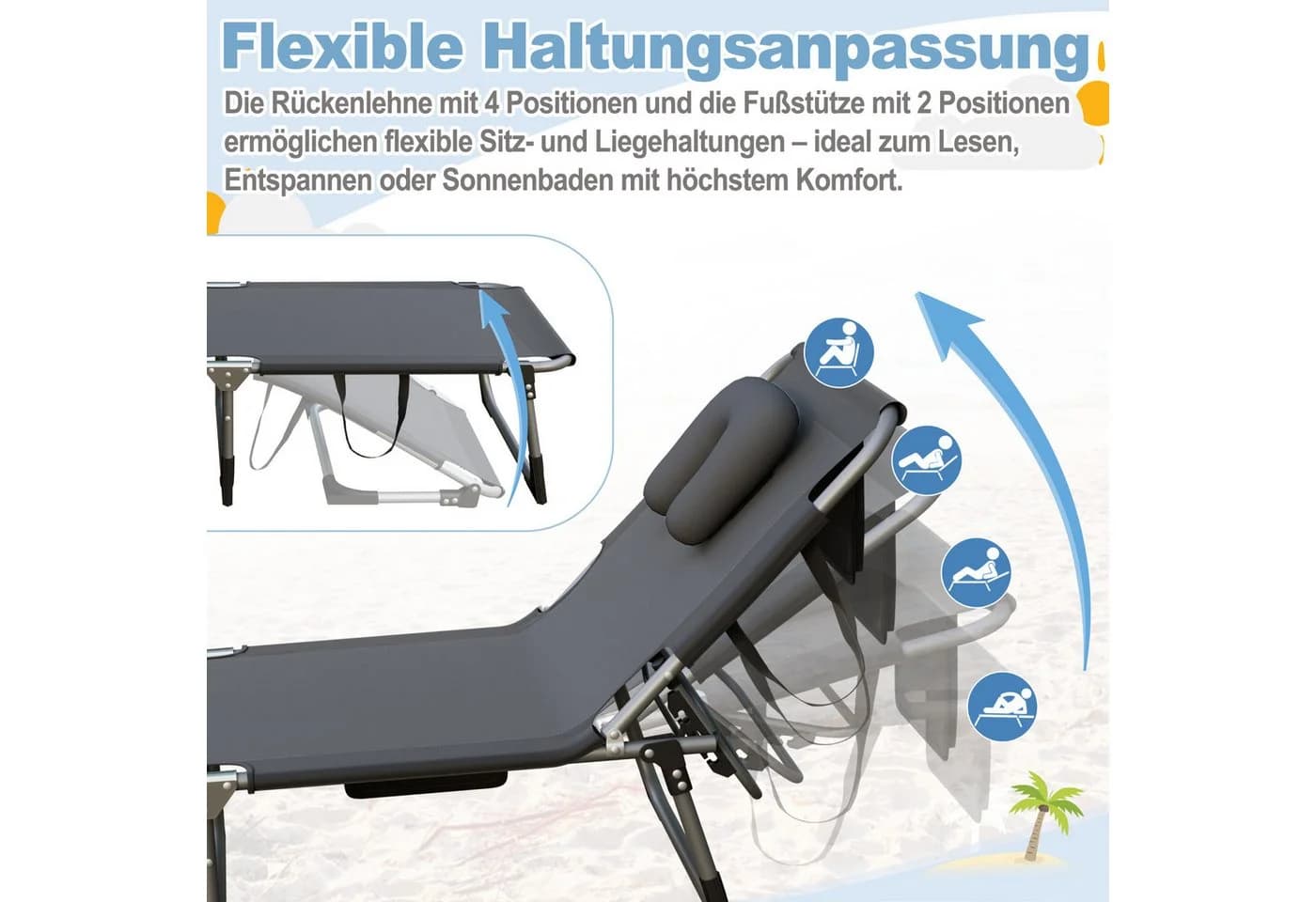 FIVMEN Gartenliege Klappbar mit Kissen Grau - Bild 3