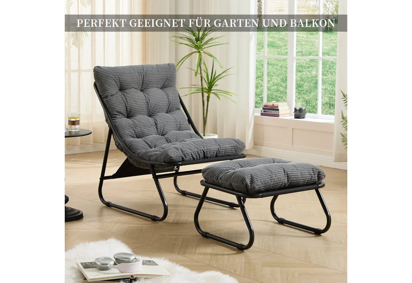SeedWave Loungesessel mit Ottoman Grau Stahlgestell