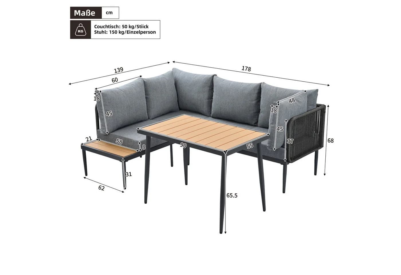 Ulife Gartenlounge-Set 3-tlg. Grau mit Ecksofa und Couchtisch
