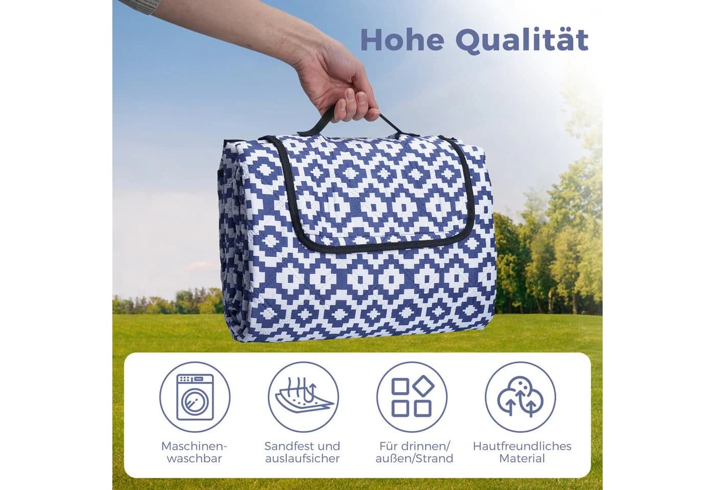 Oak & Tea Picknickdecke Wasserdicht 200x200 cm Blau-Weiß
